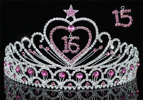 Sweet 15 &amp; 16 Pink Crystal Heart Star 3.5 " (8.8 cm) Quinceanera Tiara