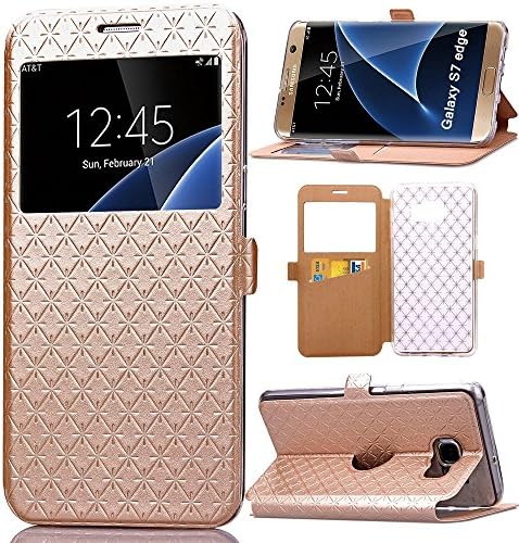 S7 Edge Case, Galaxy S7 Edge Case, Hua Er RUN Quilted Plain Color Window View Function PU Leather Flip Folio Book Style Card Slots Kickstand Wallet Phone Case for Samsung Galaxy S7 Edge Golden