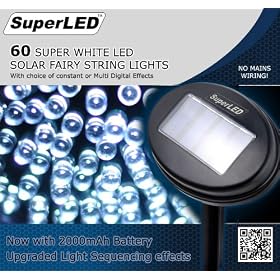 SuperLED Solar 60 White LED Light String, Switchable Constant or Multi-Effects, Fence/Wall Bracket & Ground Spike Included