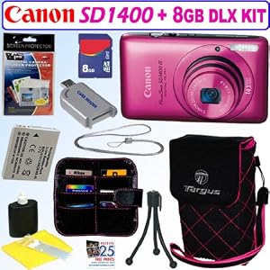 Canon PowerShot SD1400IS 14.1 MP Digital Camera (Pink) + 8GB Deluxe Accessory Kit