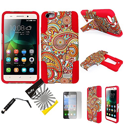For Huawei Raven LTE H892L ITUFFY 3items: Screen Film+Stylus Pen+Dual Layer Impact Resistance Plastic Cover Soft Rubber KickStand Hybrid Case (Red Silver Orange Paisley)