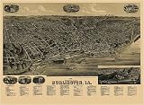 Historic Maps - Burlington Bird's Eye View Map 1889 Iowa - Des Moines County - 1889 perspective map of the city of Burlington, Ia. 36x54
