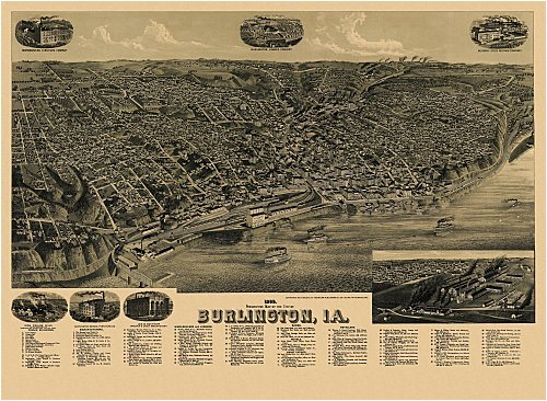 Historic Maps - Burlington Bird's Eye View Map 1889 Iowa - Des Moines County - 1889 perspective map of the city of Burlington, Ia. 36x54