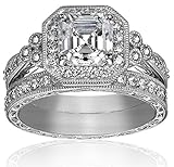 Platinum Plated Sterling Silver Swarovski Zirconia Asscher Antique Ring Set, Size 8