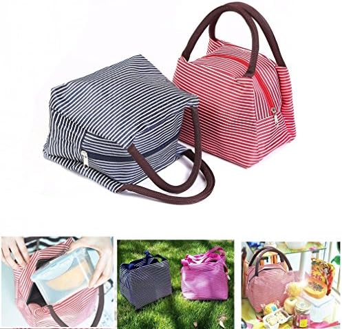 Mango Art Lunch Bags Useful Linen Cotton Stripe 2 pcs Fashion Lunch Tote Bags Picnic Bags Grocery Bags with Zipper (Red &amp; Blue)