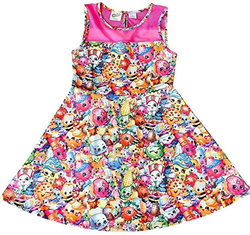 Shopkins Girls' Scuba Skater Dress w/Mesh Illusion Neckline Pink