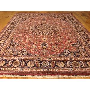 9'9 x 13'0 Red Persian Hand Knotted Wool Mashad Rug