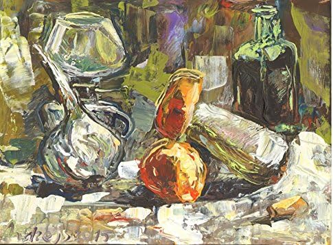 Still life painting with Mushrooms garlic kerosene lamp and balsamic sauce 1 2 x 16 Acrylic painting