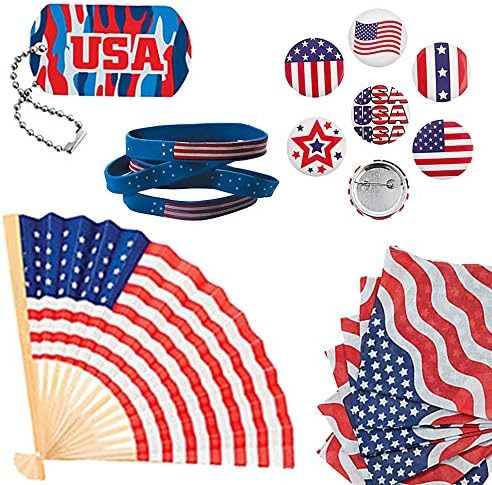Memorial Day American Patriot Celebration Accessories; 1 USA Flag Bandana, 1 USA Flag Fans, 2 Patriotic Buttons, 1 Flag Bracelets and 1 Red, White & Blue Camouflage Dog Tag Key Chains | Gift set