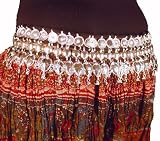 Belly Dance Coin Tribal Hip Scarf Belt, Large Silver Colored Bangles, Braided Cord