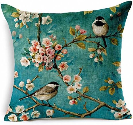 E-sunshine® Cotton Blend Linen Square Throw Pillow Cover Decorative Cushion Case Pillow Case 18 X 18 Inches / 45 X 45cm, Oil Painting Style Cherry and Bird (002)