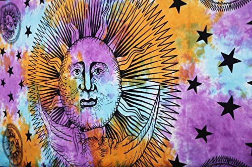 Psychedelic Celestial Sun Moon Stars Tie Dye Tapestry, Hippie Hippy Wall Hanging, Indian Tapestry, Sun-moon Tapestry...