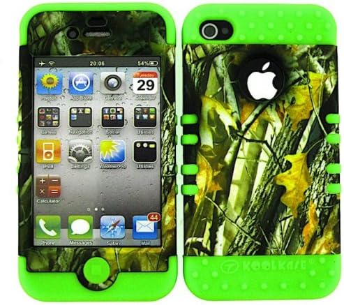 APPLE IPHONE 4 4S CAMO BRANCH HEAVY DUTY CASE + LIME GREEN GEL SKIN SNAP-ON PROTECTOR ACCESSORY