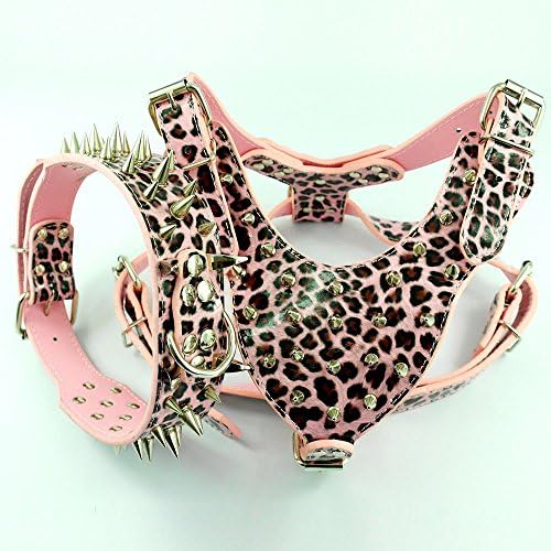 Pink Leopard New Design Spiked Leather Dog Harness&amp;Collar Set For Pitbull Bully Size : XL