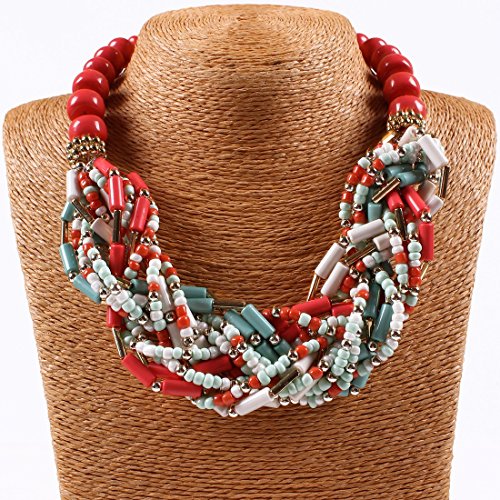 Chunky 18K Gold Coral Red Beaded Torsade Multiple Rows Twist Bib Choker Necklace