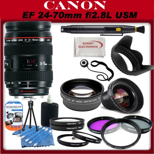 Canon EF 24-70mm f/2.8L USM Standard Zoom Lens for Canon SLR Cameras With SSE Ultimate Lens Kit: Includes - 0.45x High Definition Wide Angle Lens - 2x Telephoto HD Lens - 3 Piece Professional Filter Kit (UV,CPL,FLD) - 4 Piece Macro Close-Up Set (+1,+2,+4,+10) - Tulip Lens Hood - Lens Cleaning Pen - Lens Maintenance Kit - SSE Microfiber Cleaning Cloth and more...