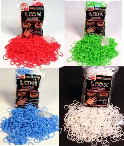 New Loom Bandz - For Rubber Band Bracelets -Lot of 4 Refill Packs of 600 Pieces & 25 Clips Per Pack!! - Set 1 - Red, Ocean Blue, White, Neon Green - 100% Compatible with Rainbow Looms