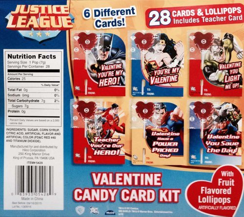 Justice League Valentines Day Candy Card Kit - 28 Cards and Lollipops 6.9 Oz -Fruit Flavored Lollipops