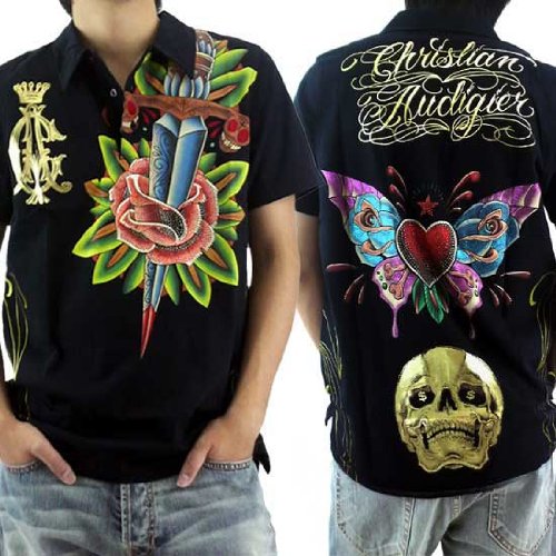 Christian Audigier クリスチャン オードジェー S/S ポロ シャツ ライト イン ブラック