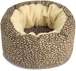 Dog Gone Round Smart Cat Bed with Sherpa Ecru Piping, Leopard Faux-Suede