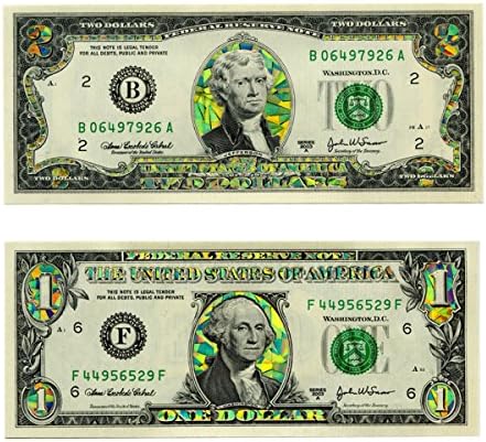 $1 and $2 Bill Gold Hologram Dollar