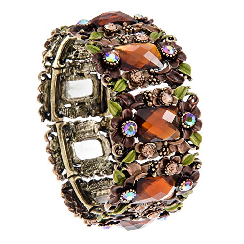 PammyJ Brown Acrylic and Glass Flower Hinged Bangle Bracelet