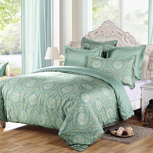 LANSIU Egyptian Cotton Duvet Cover King Set, Sage Green Medallion Floral Bedding, Reversible Printing with 400 Thread Count Percale