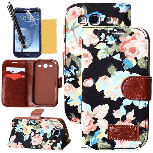Galaxy S3 Case, OMIU(TM) Flower Floral Style Wallet Flip Magnet Stand Leather Case Cover with Credit Card Holder for Samsung Galaxy S3 i9300(Black), with Screen Protector, Stylus and Cleaning Cloth