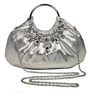 SILVER JEWELED SATIN METAL RING EVENING BAG