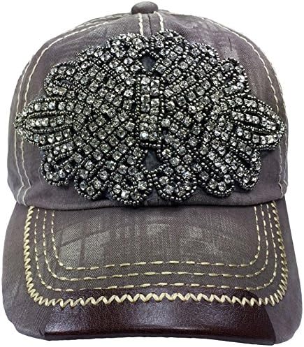 Women's Brown Baseball Distressed Cap Major Bling Hat With Big Rhinestone Crystal