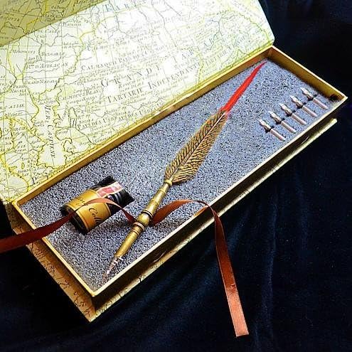 MEGAZON Retro Writing Quill Pen Set ,Hand Carved Feather Red Tail Pointed Quill Pen ,Pure Copper Pen With Ink And 6 PCS Stainless Steel Nib (RED)