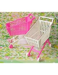 Toy: LittleKelly 2 Pcs Barbie Plastic Shopping Cart for Barbie Dolls Dollhouse Furniture - Pink + White - LittleKelly