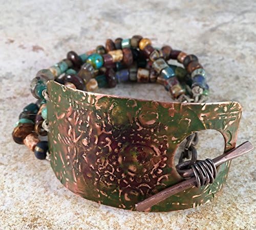 Green and Brown Multistrand Copper and Picasso Czech Glass Bracelet