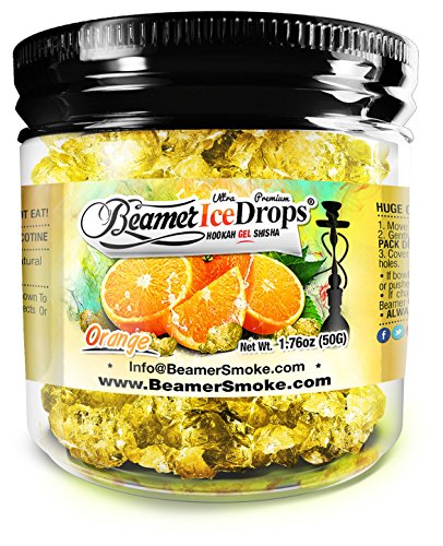 Ultra Premium Orange Hookah Ice DropsTM Smoking GEL 50 gram Jar. Huge Clouds, Amazing Taste!® 100 % Tobacco and Nicotine free! Better taste better clouds than tobacco!TM Made in USA by The Beamer® Hookah Company