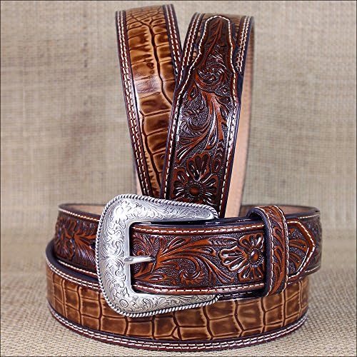 32-46 INCH WESTERN NOCONA LEATHER MENS BELT GATOR TOOLED RICH EARTH BROWN