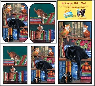 Bridge Gift Set - Well Read Cats - Large Print Double Deck Playing Cards - Score Pad - 2 Sets of Tallies