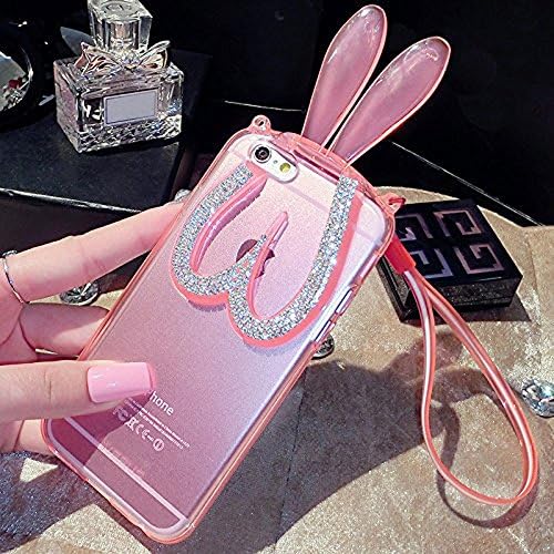 Maxnuo-Cute 3D Creative Rabbit Ear KickStand Case Luxury Special Fashion Diamond Shiny Bling Glitter Sparkle With Crystal Rhinestone Trendy Soft Silicone TPU Rubber Gel Transparent Back Cover for iPhone 5 5S