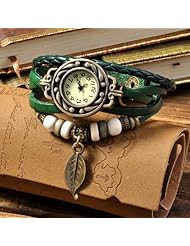 Quartz Fashion Weave Wrap around Leather Bracelet Lady Women Wrist Watch (green)