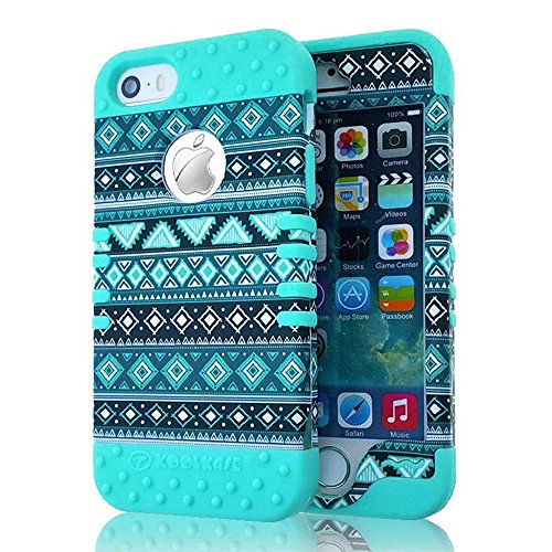 iPhone 5 / 5S Case - WirelessMobile Hybrid Hard & Soft Rubber High Impact Shockproof Armor Skin Cover for Apple iPhone 5 / 5S Only (Mint Blue Aztec)