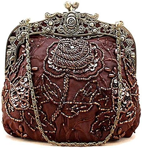 Icelove Hynes Eagle Boutique Antique Seed Bead Rose Pattern Clutches and Evening Handbag (Coffe)