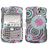 Sparkling Black with Blue Hot Pink Circle Dot Full Diamond Rhinestone Snap on Hard Skin Bling Cover Case for Blackberry Curve 8300 8310 8330