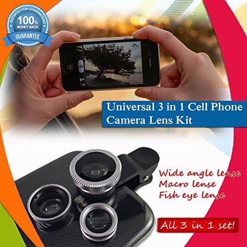Fisheye + Macro + Wide Angle Lens Set for iPhone, Samsung Galaxy, Android, Smartphone - Clip On Camera Cell Phone 3 Lens Set - Black