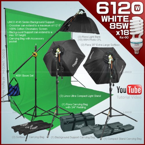 Photo Video Studio Fluoreescent Cool Light With 3 Fluorescent Light Bank Linco Flora+3 35 Hexogen Easy Softbox Linco Flora +2 8308 Compact Light Stand+18 85W Softwhite Daylight Photo Energy Bulb Linco+3 Carrying Bag+1 Studio Boom stand+2 8310 Senior Compa
