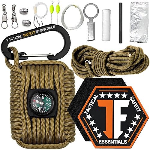 [ Tactical Safety Essentials ] 550 Paracord Grenade Survival Kit EDC Multi-tool + Compass + Firestarter + Eye Knife + Carabiner + Collective PVC Velcro Morale Patch (Tan)