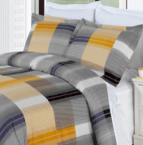 Plaid Gold Black Duvet Cover Mens Boys Bedding Set Full/Queen