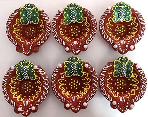 Diwali / Deepavali Decorative Hand Painted Terracotta Diya (Pack Of 6), 85mm x 85mm x 23mm Brown-Green