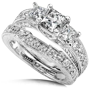 1 3/5ctw Three Stone Princess Cut Diamond Wedding Ring Set (H