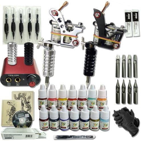 Complete Starter Tattoo Kit 2 Machines Guns 14 Colors Needles Grips Power Supply