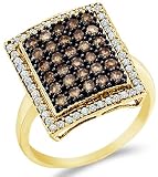 10k Yellow OR White Gold Brown Chocolate and White Diamond Emerald Shape Center Round Cut Womens Fashion Cocktail Anniversary Ring Band (1.0 cttw)
