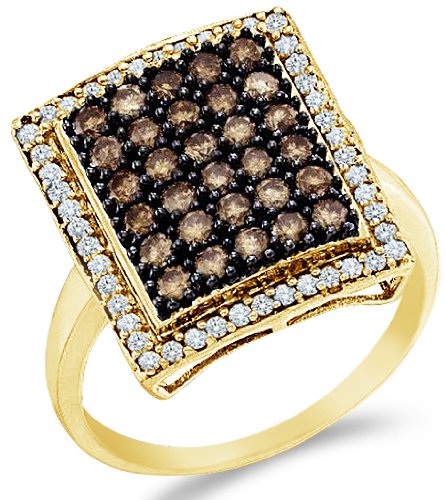 10k Yellow OR White Gold Brown Chocolate and White Diamond Emerald Shape Center Round Cut Womens Fashion Cocktail Anniversary Ring Band (1.0 cttw, H Color, I1 Clarity)